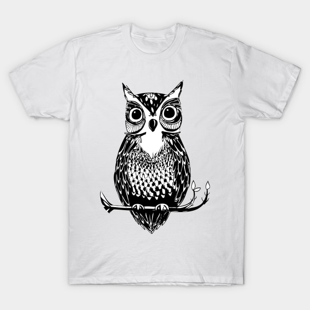 Black and White Drawn Owl T-Shirt by tanyadraws